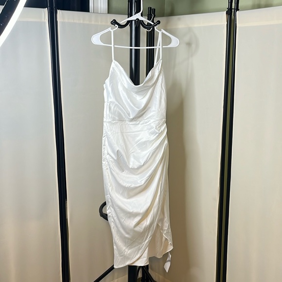 HTZMO Satin Slip Dress Cowl Neck Backless Ruched Bodycon Midi Size Small - Picture 1 of 10